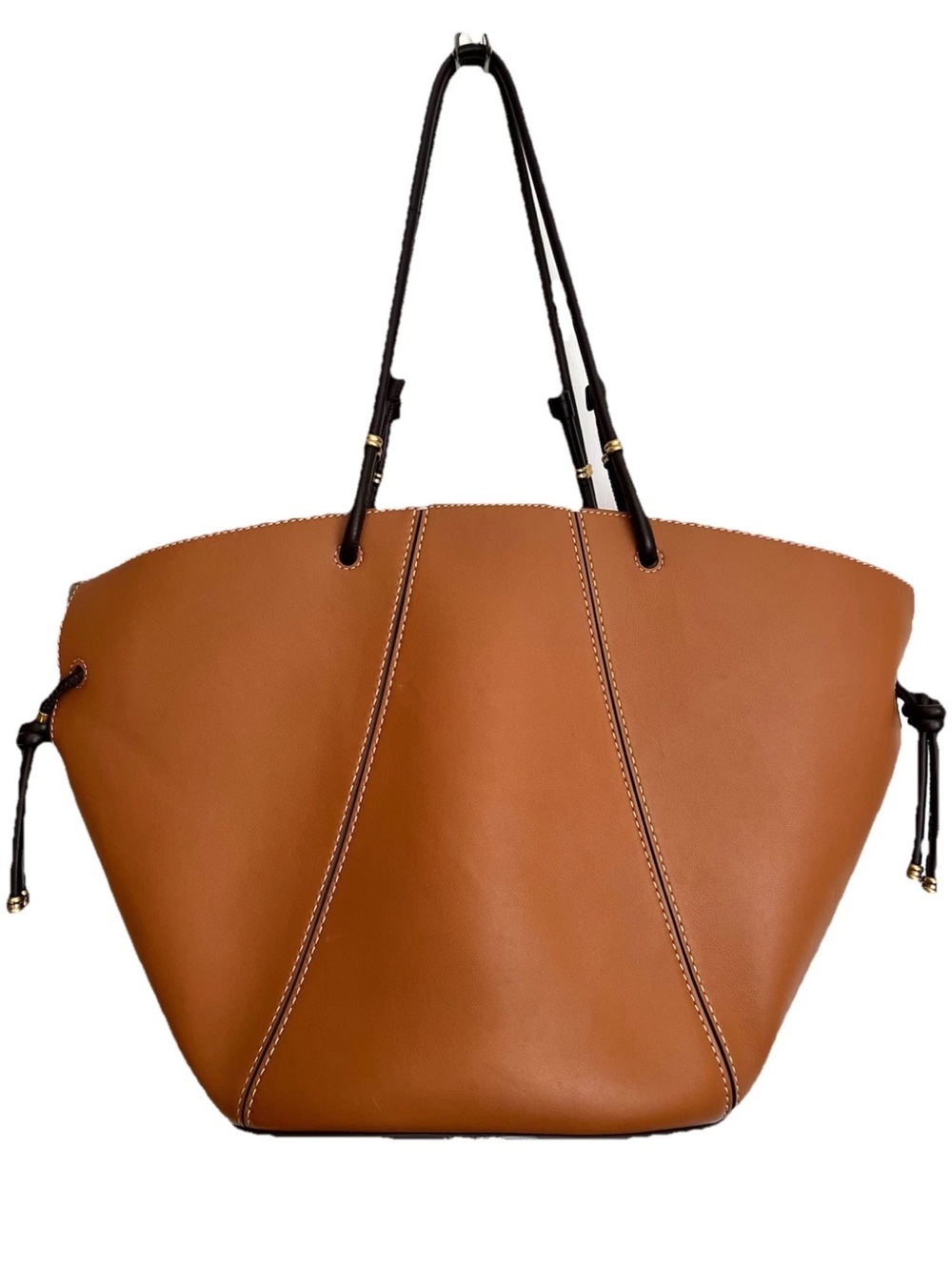 Tory Burch Spaghetti Strap Kobicha Tan Brown Smooth Leather Large Tote Bag Purse